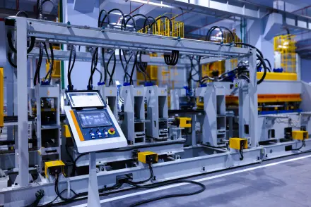 Ön planda bir kontrol paneli bulunan karmaşık bir endüstriyel otomasyon makinesi. Makine, bir üretim hattı boyunca birden fazla robot kolu veya işleme istasyonuna sahip. Gri metalden yapılmış olan bu makine, modern bir fabrika veya üretim ortamını düşündüren çeşitli siyah kablolar ve sarı detaylara sahip.