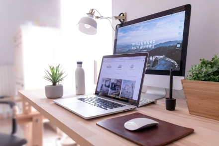 Ahşap bir masanın üzerinde açık bir dizüstü bilgisayar, arkasında WORKHARD ANYWHERE yazılı bir masaüstü monitör, bir masa lambası, fare, su şişesi ve bitkiler bulunan modern bir çalışma alanı.